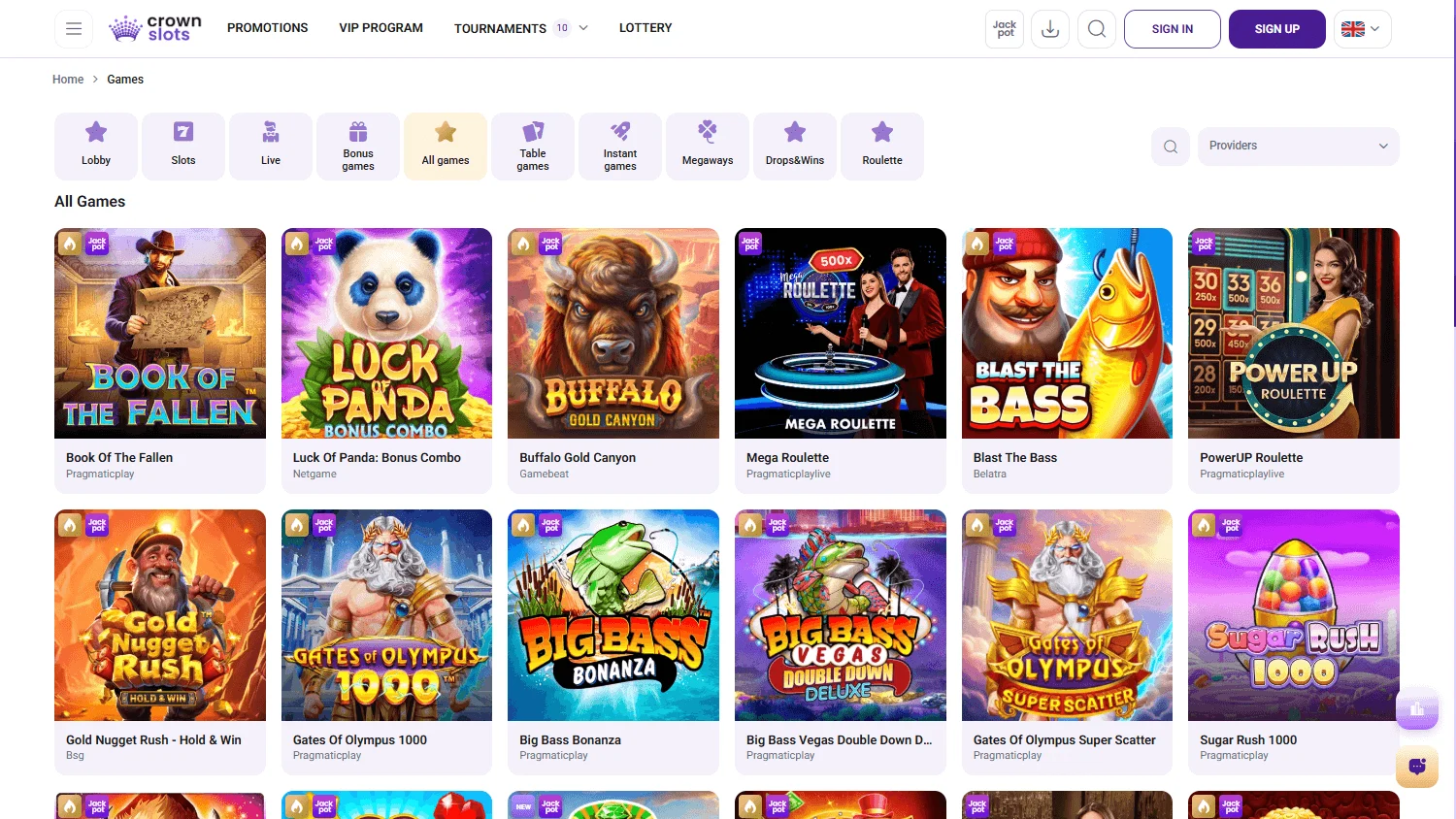 Crown Slots Casino casino games on desktop