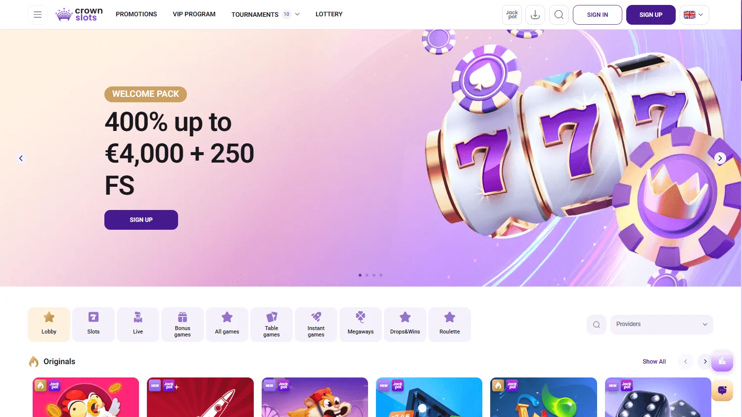 Crown Slots Casino games view on desktop