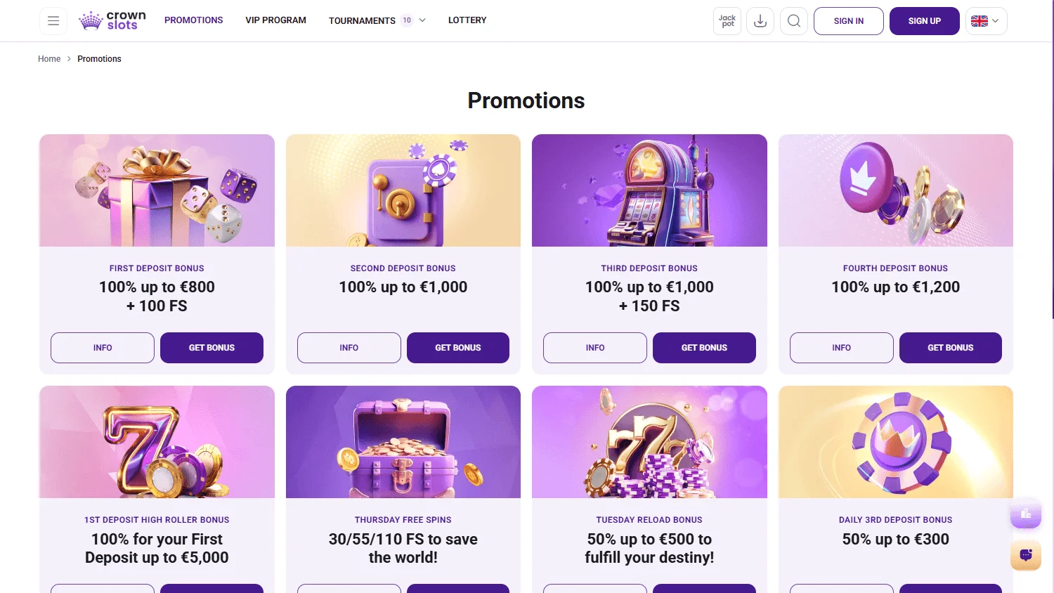 Crown Slots Casino promotions view on desktop
