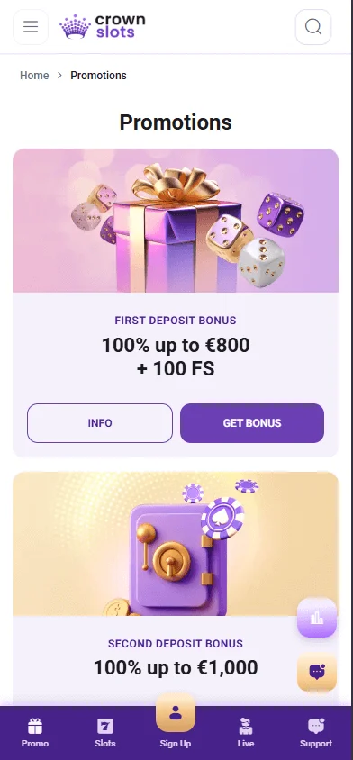 Crown Slots Casino promotions view on mobile
